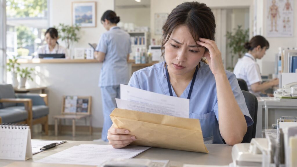 裁判所から届いた書類を読み、不安そうな表情を浮かべるクリニックの看護師