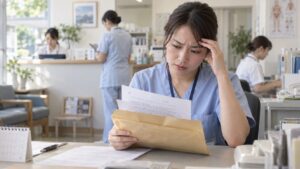 裁判所から届いた書類を読み、不安そうな表情を浮かべるクリニックの看護師