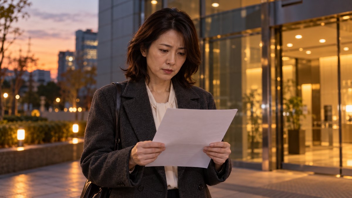 夕方のオフィスビルの前で、両手で書類を持ち、真剣な表情で読む女性