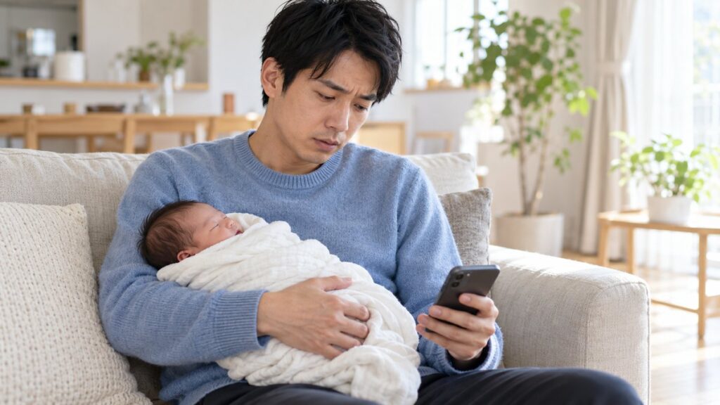 明るいリビングで新生児を抱き、スマートフォンを見て困った表情をする男性