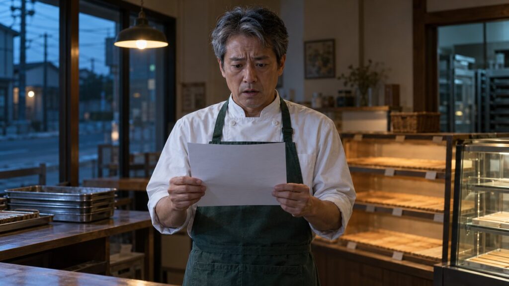 閉店後のパン屋の店内で、白いコックコートと緑のエプロン姿の店長が処分の通知書を両手で持ち、ぼうぜんと見つめている様子