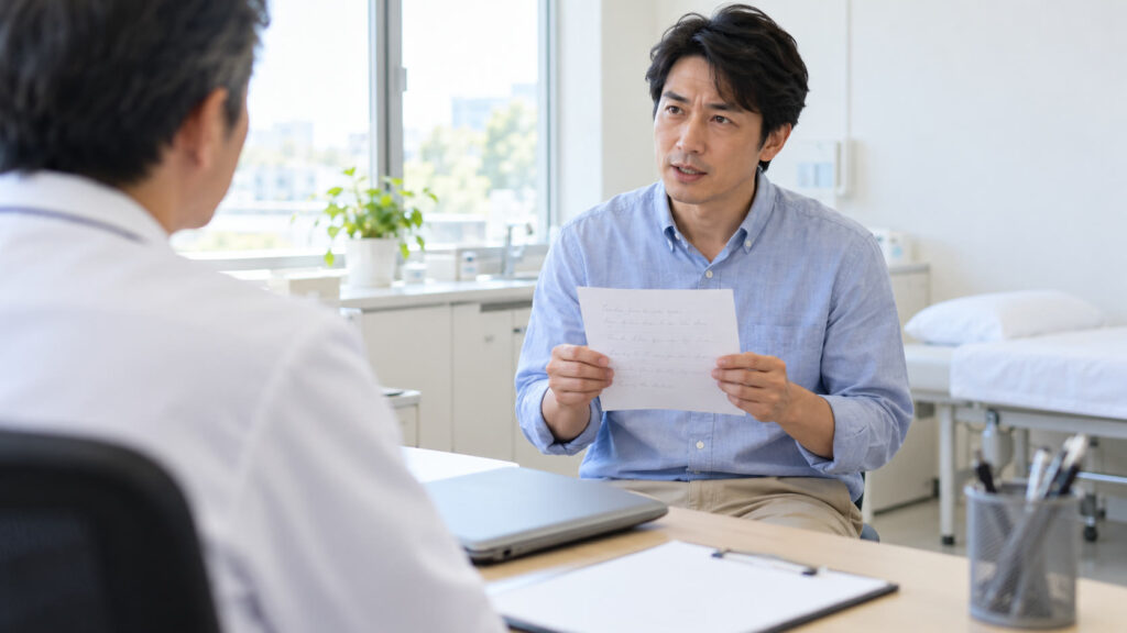 診察室で、主治医に職場で起きたことをメモを見ながら伝える男性