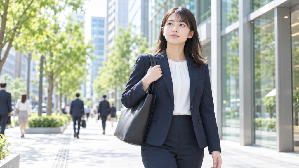 オフィス街の歩道で、次の一歩を考えるスーツ姿の新卒の女性