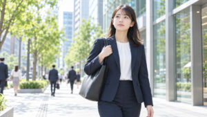 オフィス街の歩道で、次の一歩を考えるスーツ姿の新卒の女性