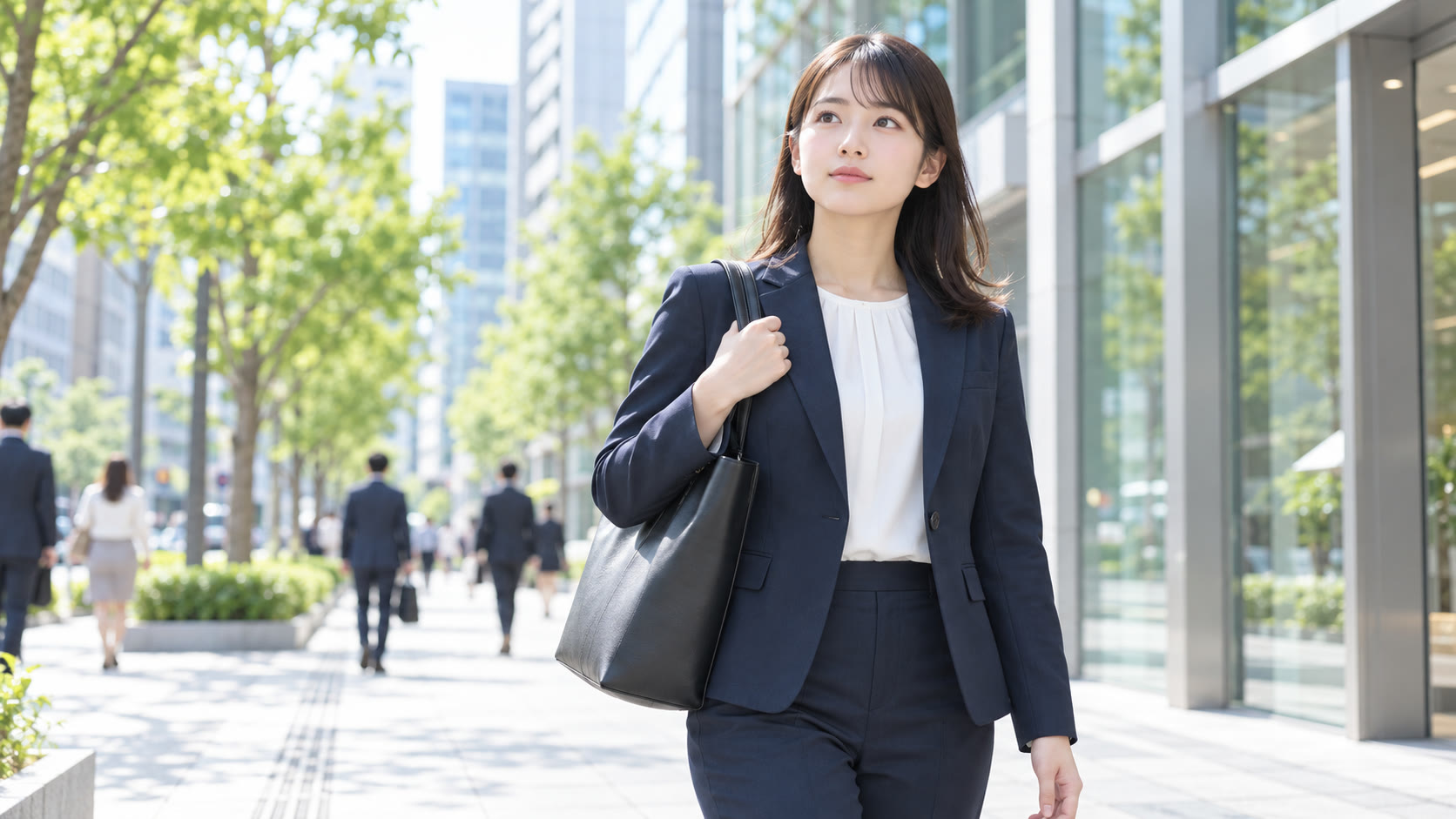 オフィス街の歩道で、次の一歩を考えるスーツ姿の新卒の女性