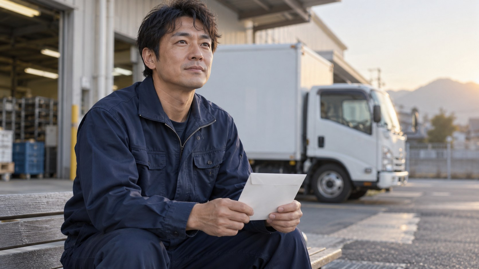 事故後の運転に不安を抱え、診断書の入った封筒を手にトラックの前に座るドライバー